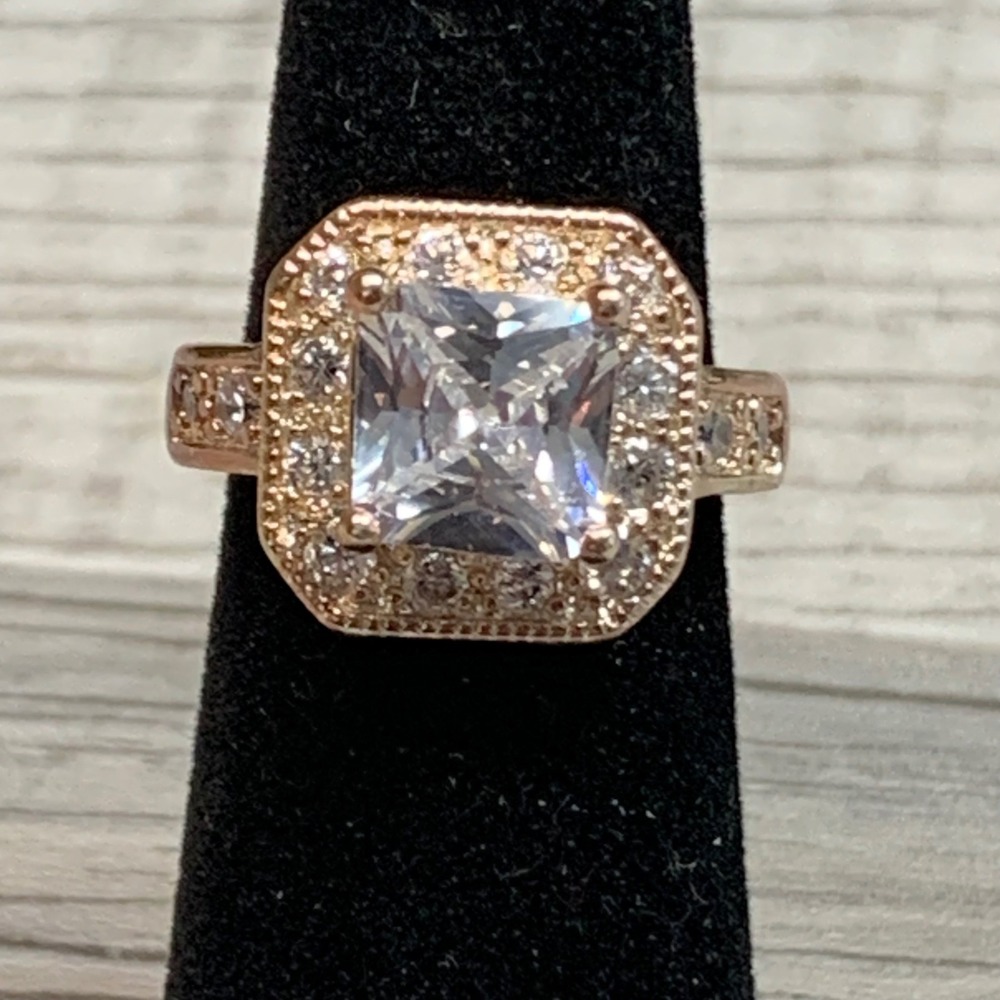 Rose Gold Tone Princess Cut Square Halo Cubic Zirconia Cocktail Ring Size 5.25